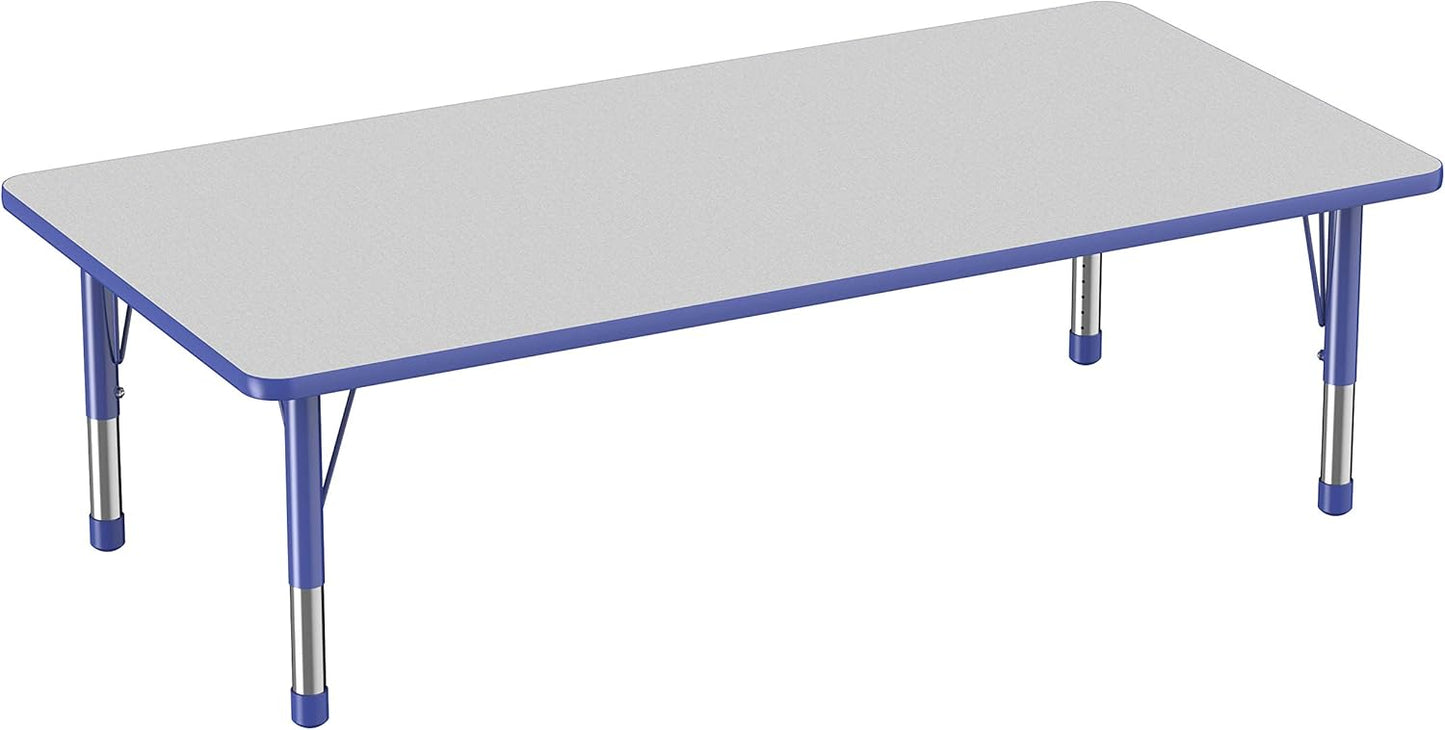 FDP Rectangle Activity School and Classroom Kids Table (36 x 72 inch), Toddler Legs, Adjustable Height 15-24 inches - Gray Top and Blue Edge