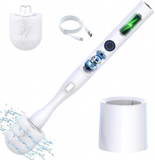 Electric Toilet Brush, HKFIF Toilet Brush with Holder, 360 Degree Powerful Cleaning Easily Eliminate Stains and Residue, 2 Speeds Rechargeable Motorized Toilet Scrubber