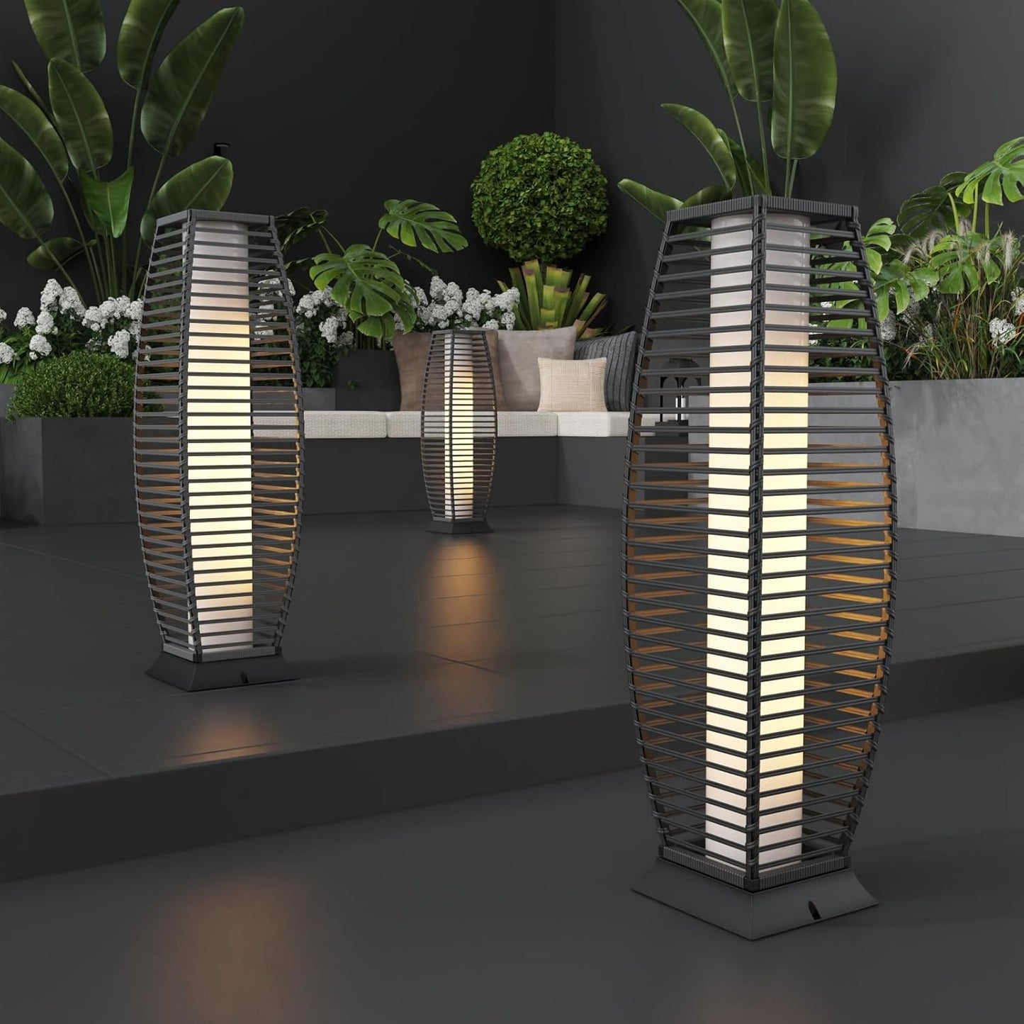 2 Pieces Outdoor Floor Lamp Weather-Resistant Outdoor Wicker Light Solar Powered Lantern Deck Lights for Patio Yard Garden