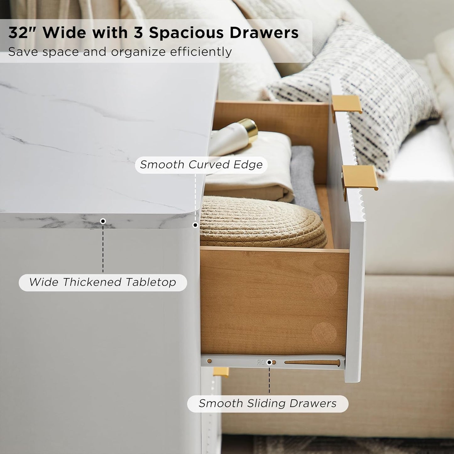 T4TREAM 32" Tall Fluted Nightstand, Modern Side Table with Faux Marble Top, 3 Drawers End Table w/Storage, Bedside Table for Bedroom, Living Room, Curved Profile Design, Solid White