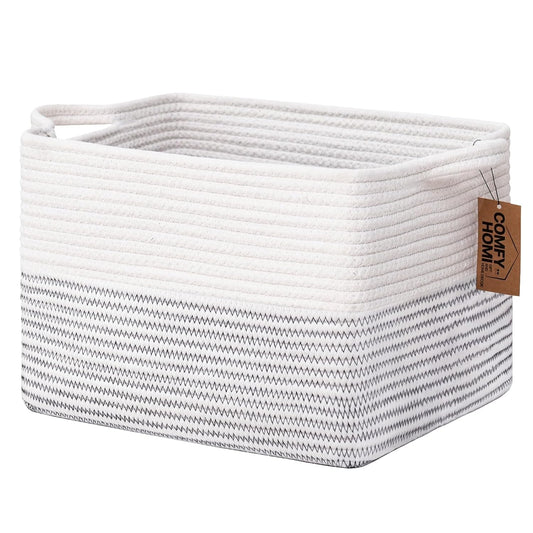 COMFY-HOMI Cotton Rope Woven Basket with Handles for Shelves,Toys,Book, Cloth Storage Baskets Bin for Organizing-13.5"x11"x9.5" Toy Decorative Organizer for Living Room, Bathroom-White/Black Line