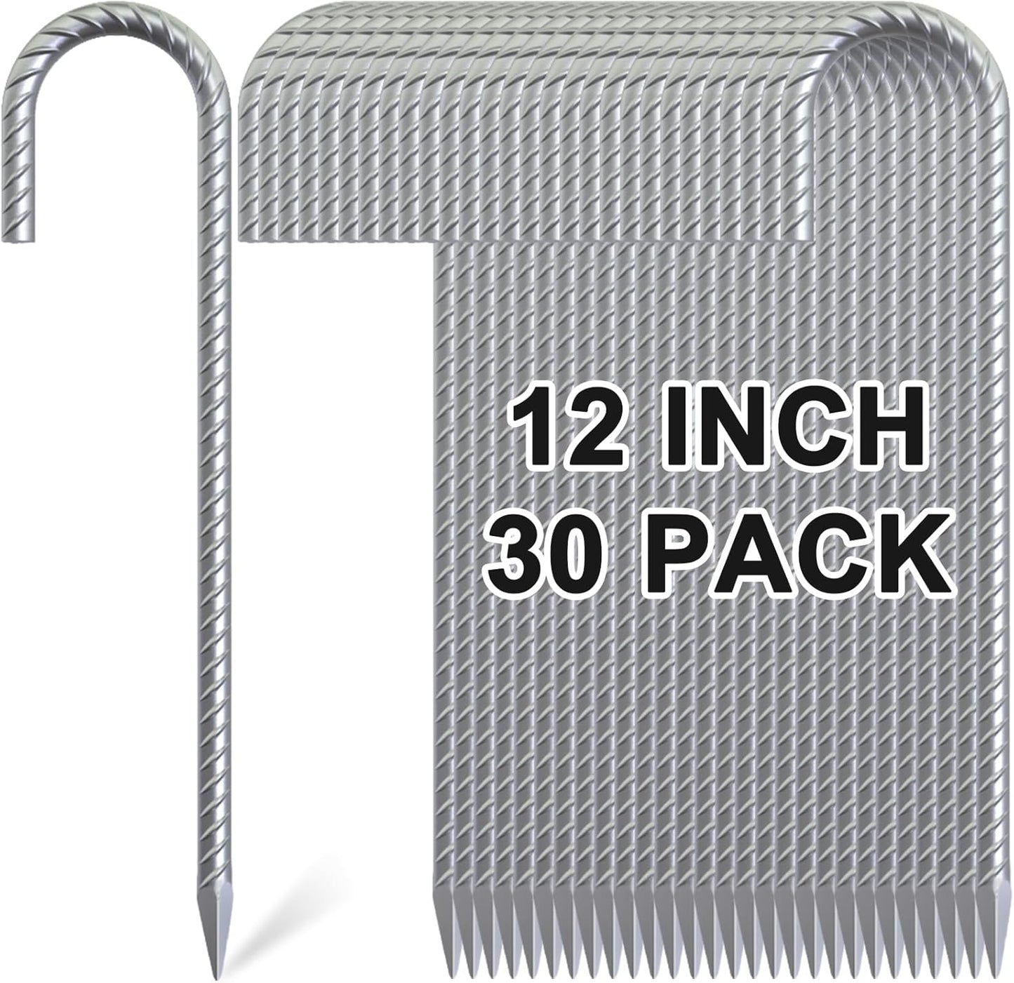 Rebar Stakes 12 Inch, 30 Pack Galvanized Metal Tent Stakes Heavy Duty Ground Stakes, J Hook Steel Fence Stakes for Ground, Outdoor Decoration, Wire Fencing, Gardening