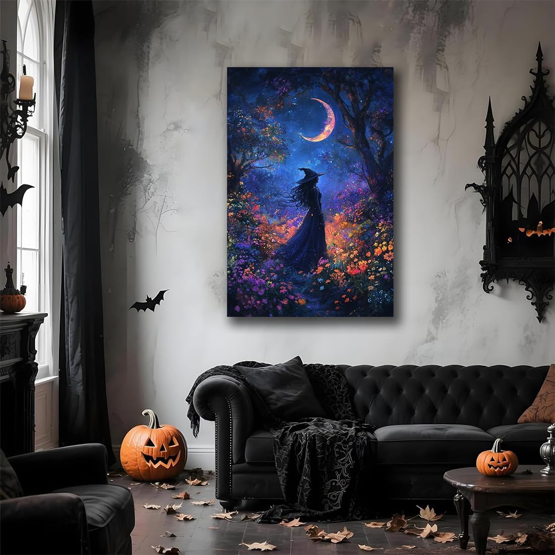 Vintage Halloween Witch Decor Mystic Gothic Wall Art Poster,Enchanting Witch Fall Whimsical Wildflowers Woodland Forest Crescent Moon Picture Art,Creepy Witchy Home Decor,16"x24" Framed