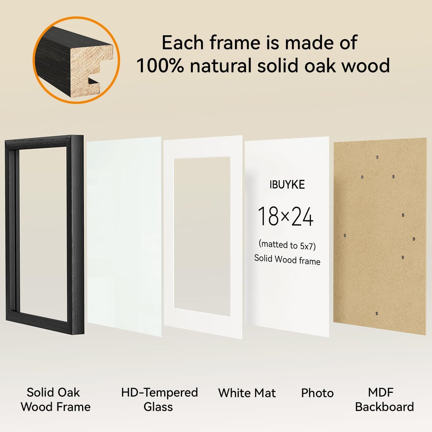 IBUYKE 18x24 Picture Frame,Solid Oak Wood 18x24 Photo Frame with Mat to 16x20,18x24 Picture Frames With Tempered Glass,Wall Mount Display,Home Decor,Black Oak 24 x 18 Frame,UWPF1824B