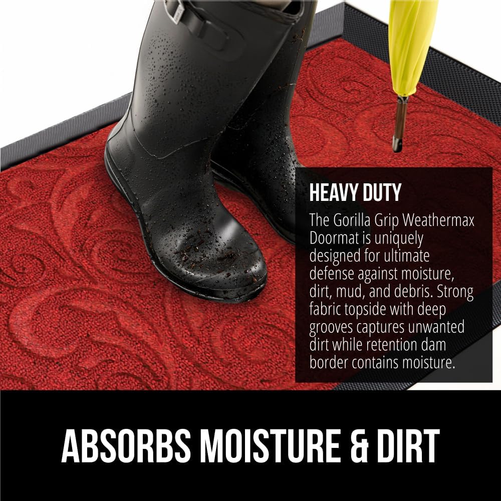 GORILLA GRIP 100% Waterproof All-Season WeatherMax Doormat 35x23, US Designed Natural Rubber, Stain and Fade Resistant, Low Profile Indoor Outdoor Door Mats, Easy Clean Patio Mat, Red Vintage Wine