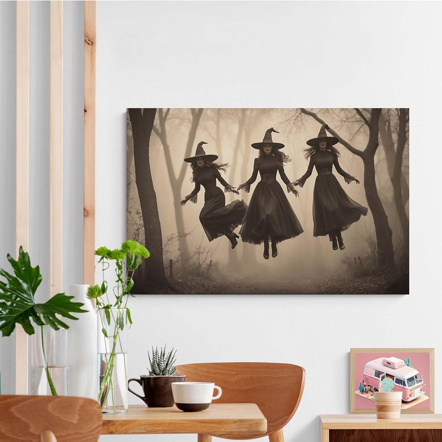 JFHCQJPK Three ghost witches flying in vintage forest gothic wall art witchcraft decoration holiday gift canvas wall art print32x48in Frameless