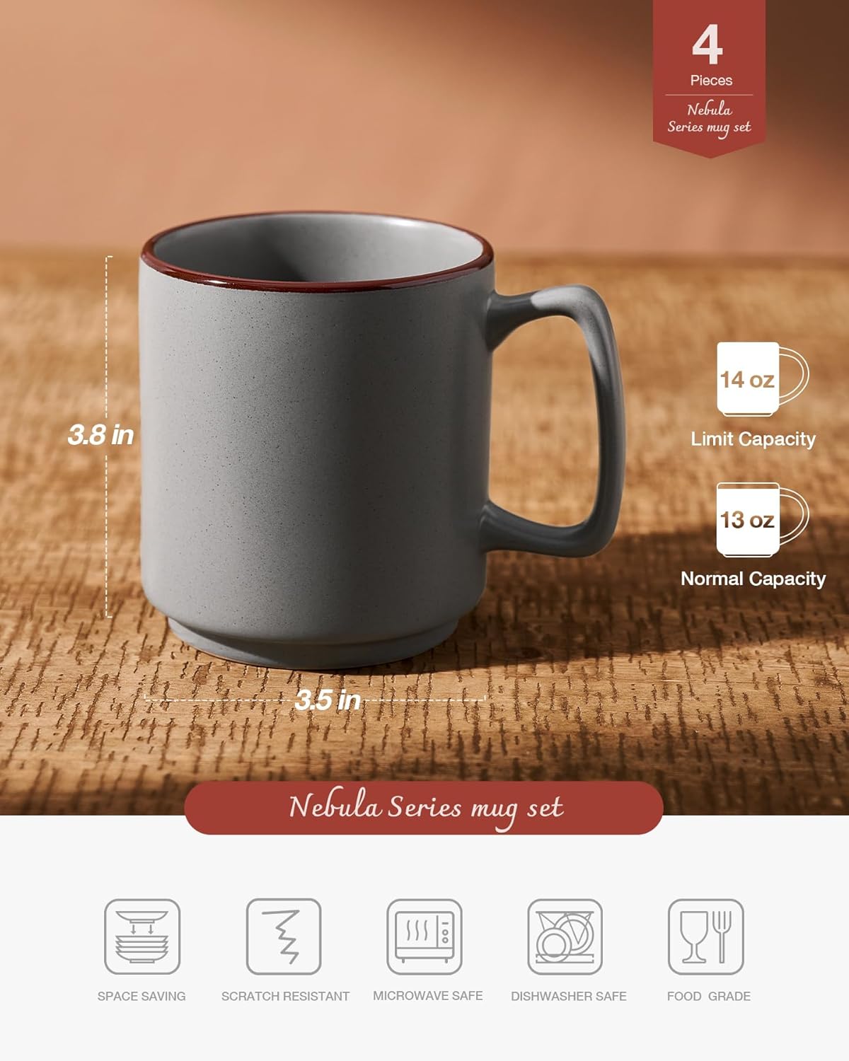 famiware Coffee Mugs Set of 4, Nebula 14oz Coffee Mugs, Ceramic Cup Set with Handle for Latte, Tea, Milk, Cappuccino, Cocoa, Dark Gray