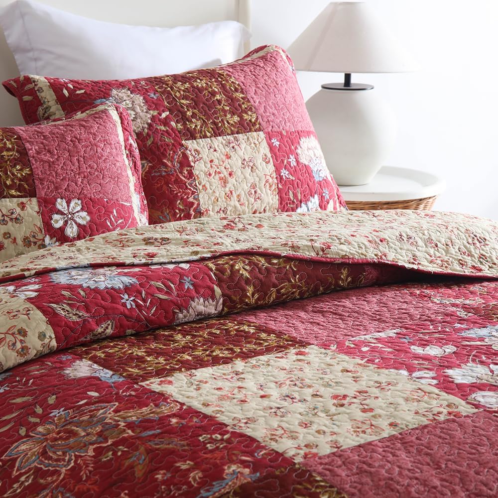 Cotton Bedspread Quilt Bedding Sets 3 Pieces Reversible Coverlet Sets Comforters Vintage Floral Patchwork Purple Red Bedspread, Queen Size