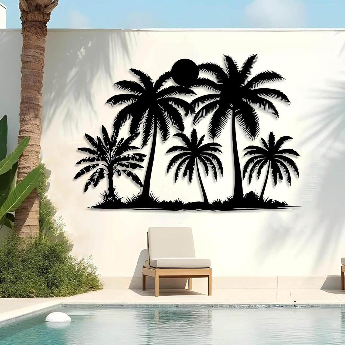 Tuglona Metal Palm Tree with Sunset Wall Decor, Tropical Palm Tree Metal Wall Art, Tropical Wall Decor, Sun Wall Art, Beach Wall Decoration, Coastal Trees Wall Hanging (Silver, 24"x16"/60x42cm)