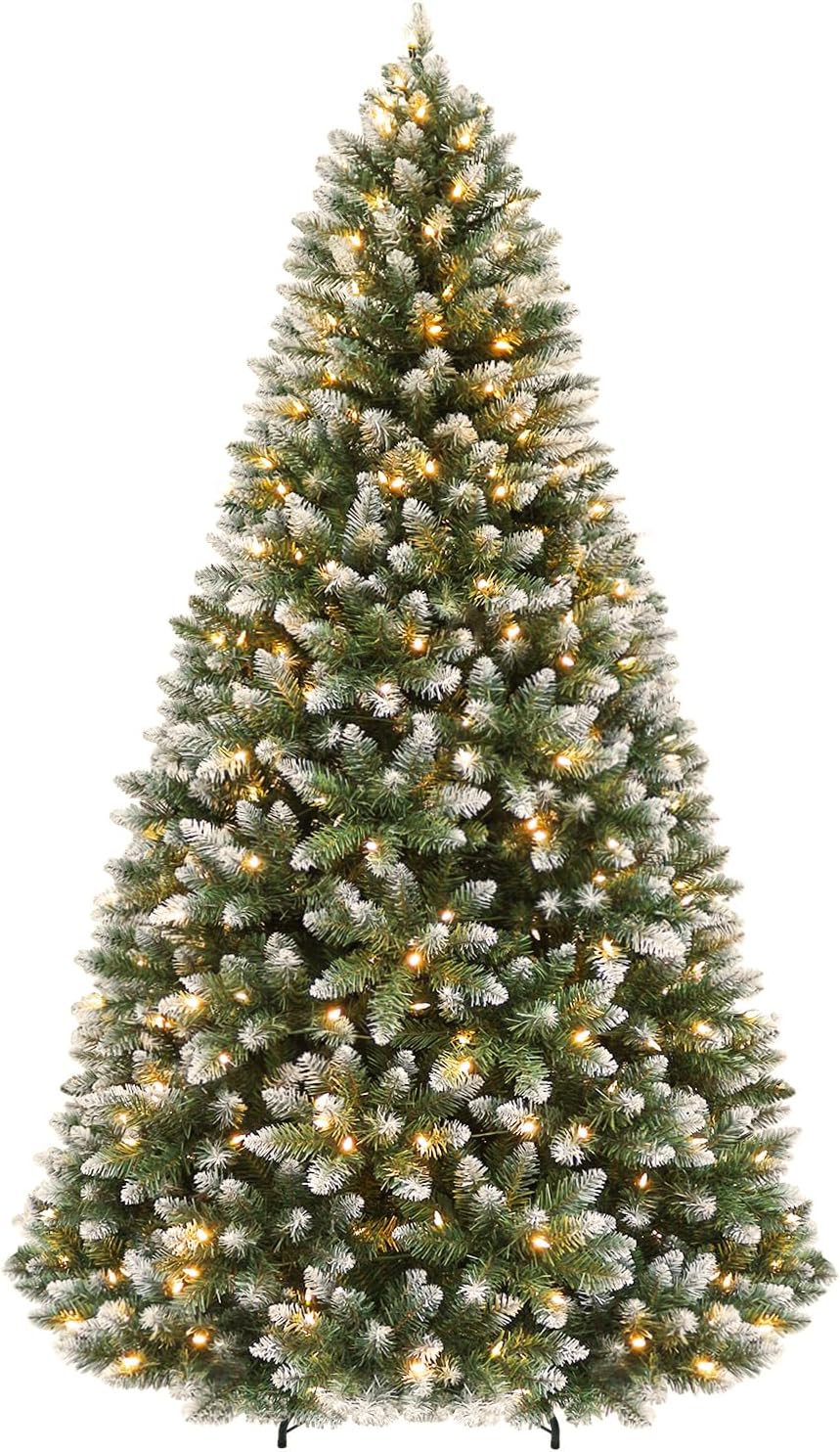 Hykolity 6 ft Prelit Christmas Tree with 250 LED Warm White Lights, Partially Snow Flocked Artificial Tree, 1032 PVC Branches, Metal Stand and Hinged Branches, Holiday Decoration for Home