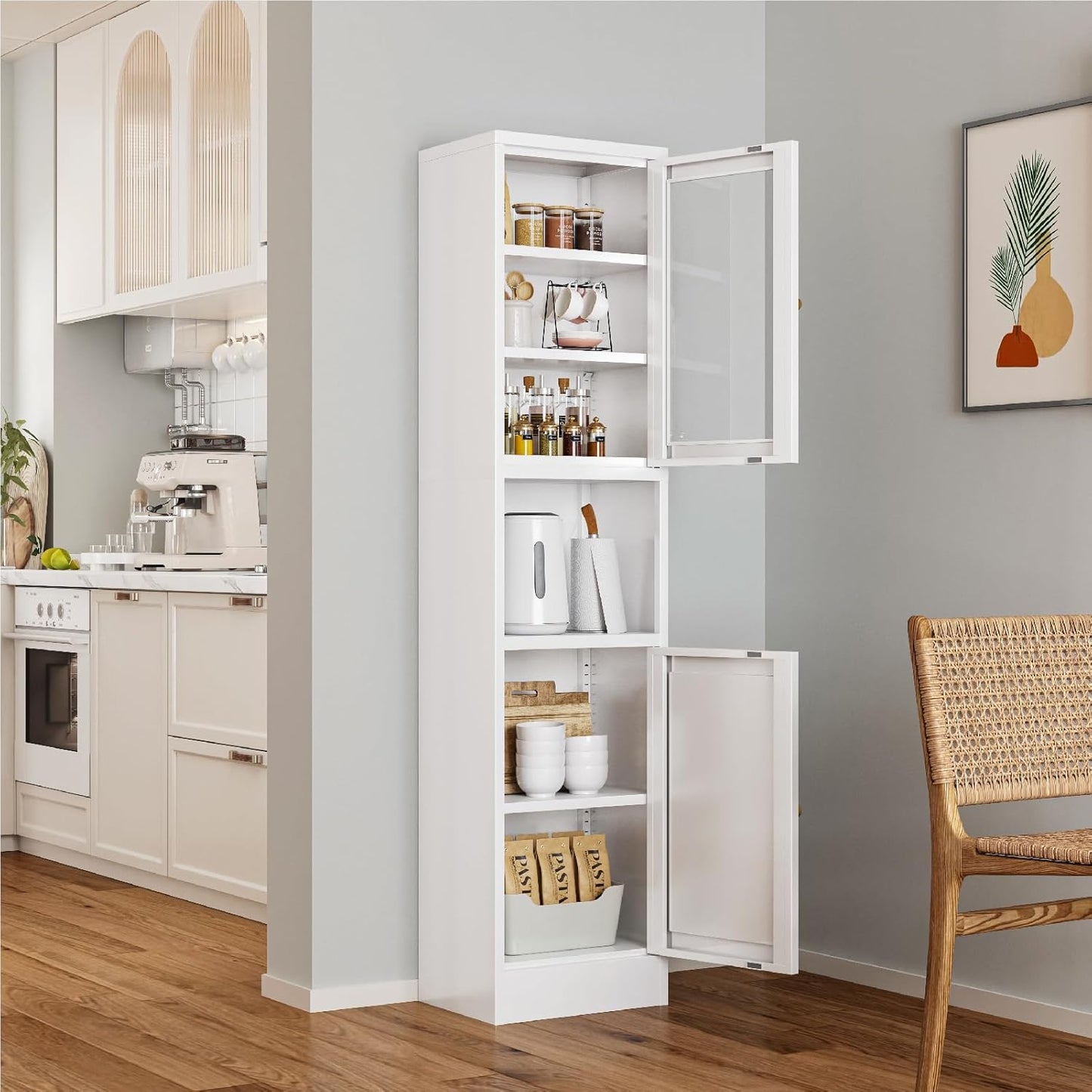 67" Tall Bathroom Storage Cabinet, Narrow Metal Floor Cabinet with Glass Door and Adjustable Shelves, Freestanding Metal Locker for Laundry, Kitchen, Dining Room