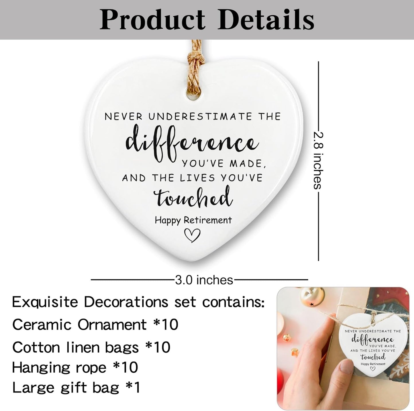 10 Pcs Retirement Gifts for Woman Men,Never Underestimate The Difference You Made Ceramic Ornament Happy Retirement Going Away Gift Leaving Gifts for Coworker,Boss,Nurse,Teacher,Friend,Mom