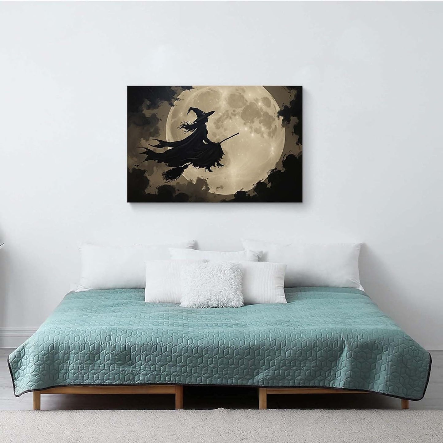 JFHCQJPK Full moon witch silhouette poster witch on magic broom Halloween mural poster decorative mural art suitable for home living room bedroom20x30in Frameless