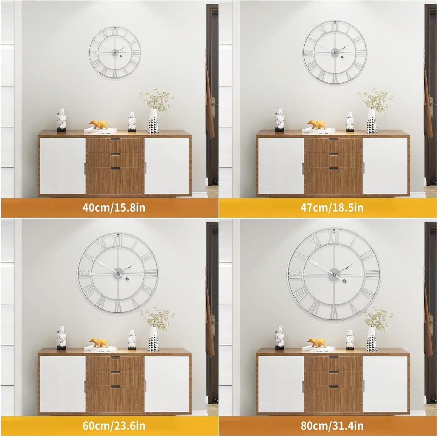 1st owned Large Wall Clock Silent Non-Ticking Roman Numerals Vintage Battery Operated (24 inch,18inch,16inch) Farmhouse Wall Clock for Living Room, Bedroom, Kitchen, Cafe Decor-Silver 40CM