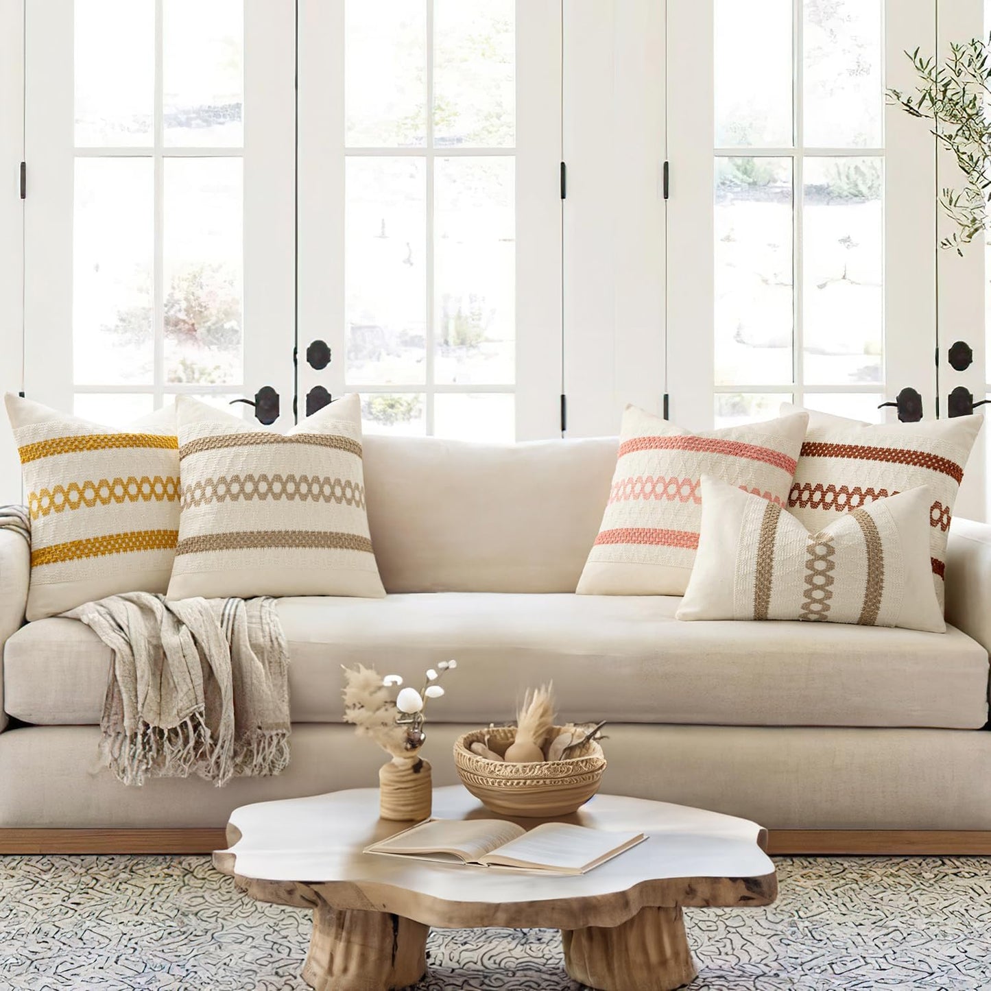 MIULEE Set of 2 Neutral Boho Decorative Pillow Covers 18x18 Inch Farmhouse Rustic Couch Throw Pillows Modern Spring Cotton Cushion Covers Retro Cute Macrame Woven Home Decor for Bed Sofa Chair