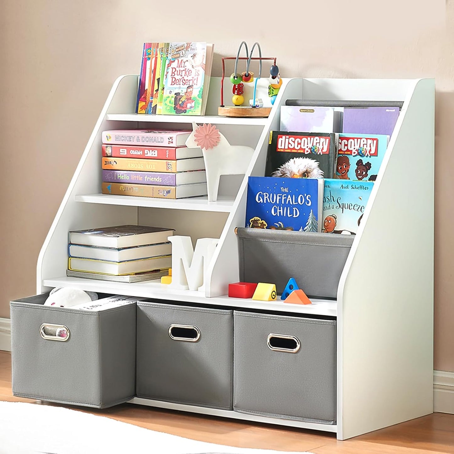 Kids Bookshelf, Kids Toy Storage Organizer with Storage Bins, Wooden Bookshelf and Book Display Shelf for Bedroom, Playroom, Nursery, Classroom, White
