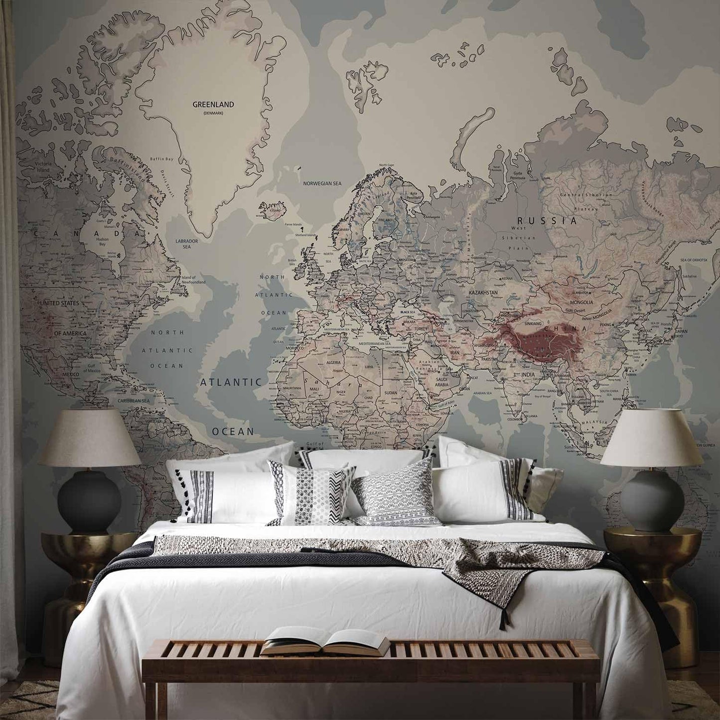 artgeist Premium Wall Mural World Map 177x124 in - XXL Non-Woven Wallpaper Fleece Wall Decor Photo Print Picture Image Design Home Map of The World k-A-0061-a-c