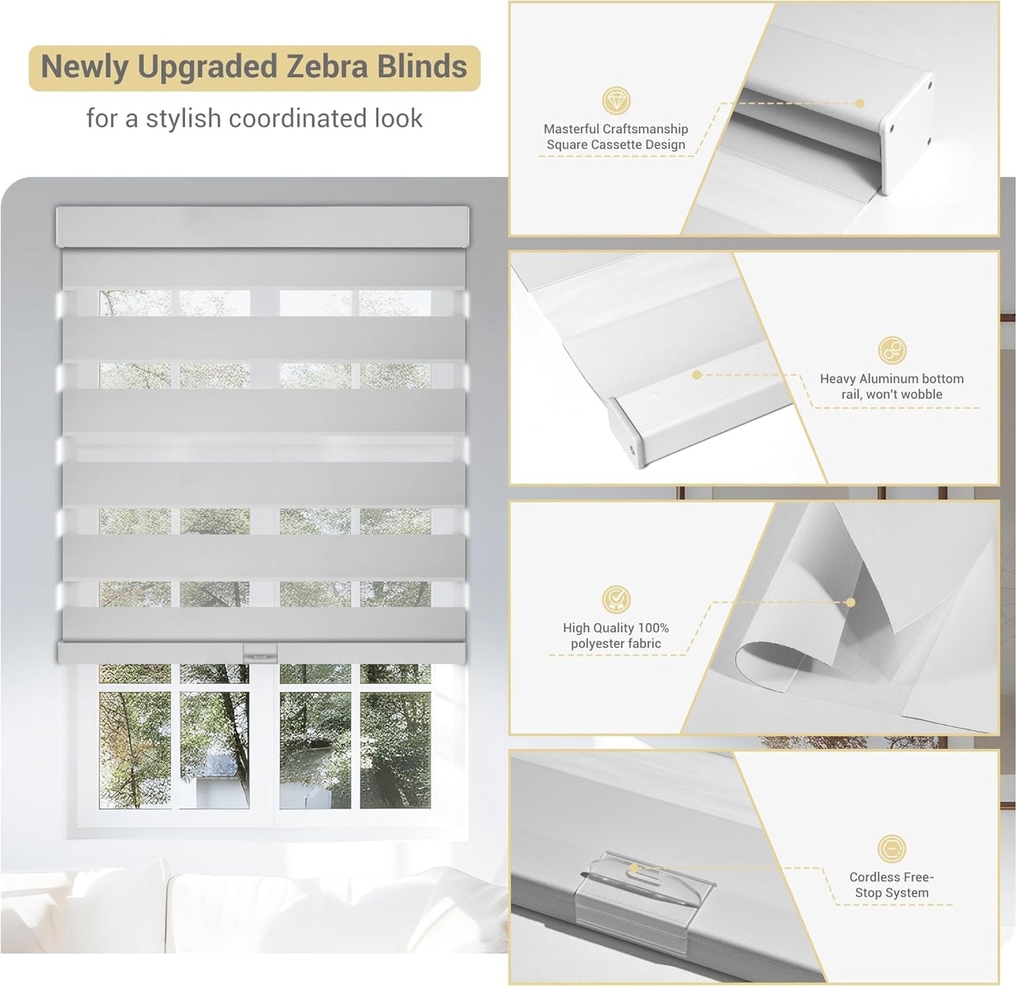 Cordless Zebra Blinds for Windows, Blackout Interior Blinds,Easy to Install,UV Protection,for Offices and Home,Custom Roller Shades, Solid White, 55" W x 64" H