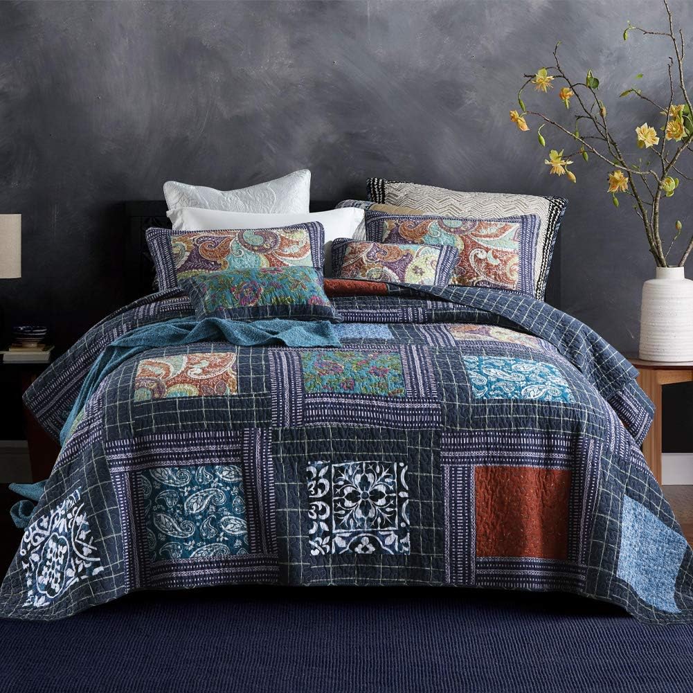 Secgo Twin Size Quilt Size - 100% Cotton Comforter Set Bedding Sets (68 * 86 Inch) with 2 Pillow Shams, Patchwork Reversible Lightweight Bedspread