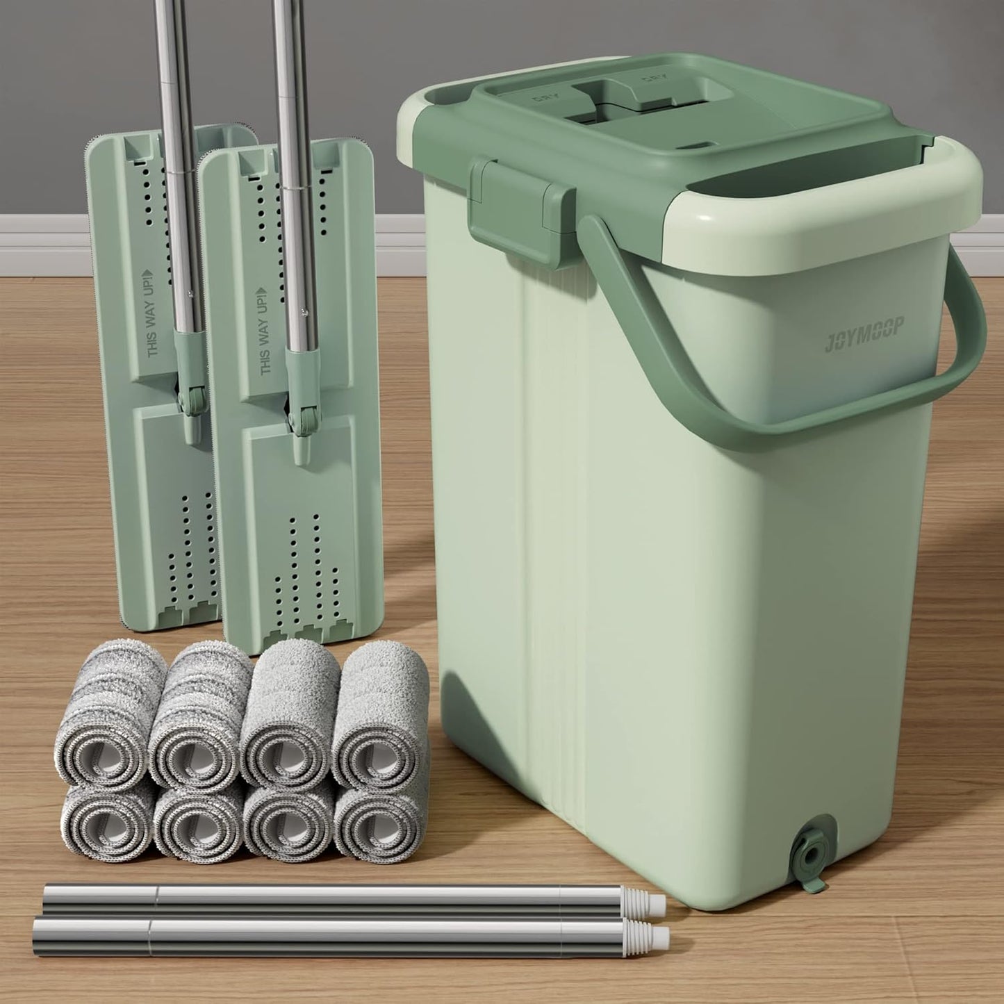 JOYMOOP Mop and Bucket with Wringer Set for Floor Cleaning and Wall Cleaner, Flat Mop and Bucket System Set with 2 Mops and 8 Large Microfiber Pads - Green