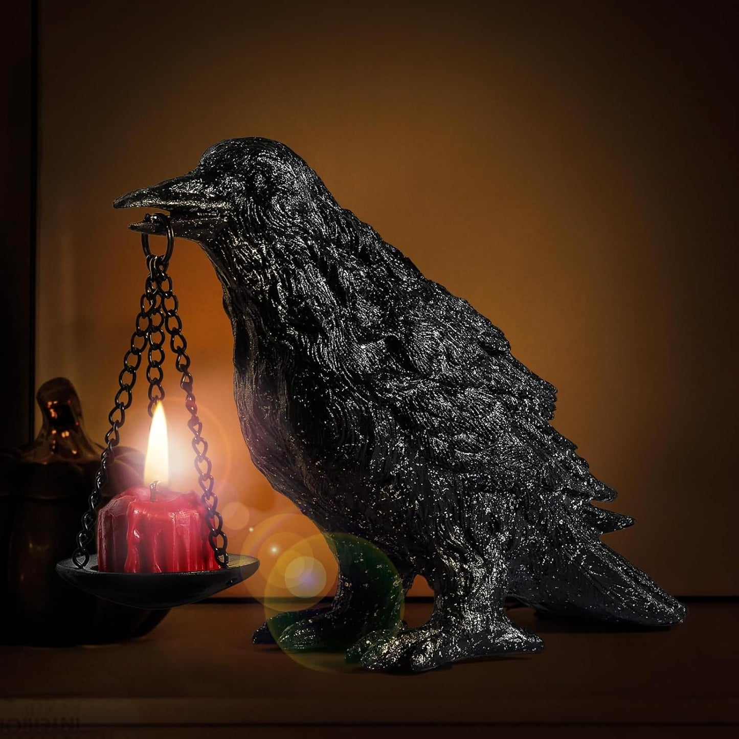 Gothic Crow Lamp Tealight Candle Holder Raven Statue for Indoor Outdoor Decor Halloween Garden Resin Statue Black Stone