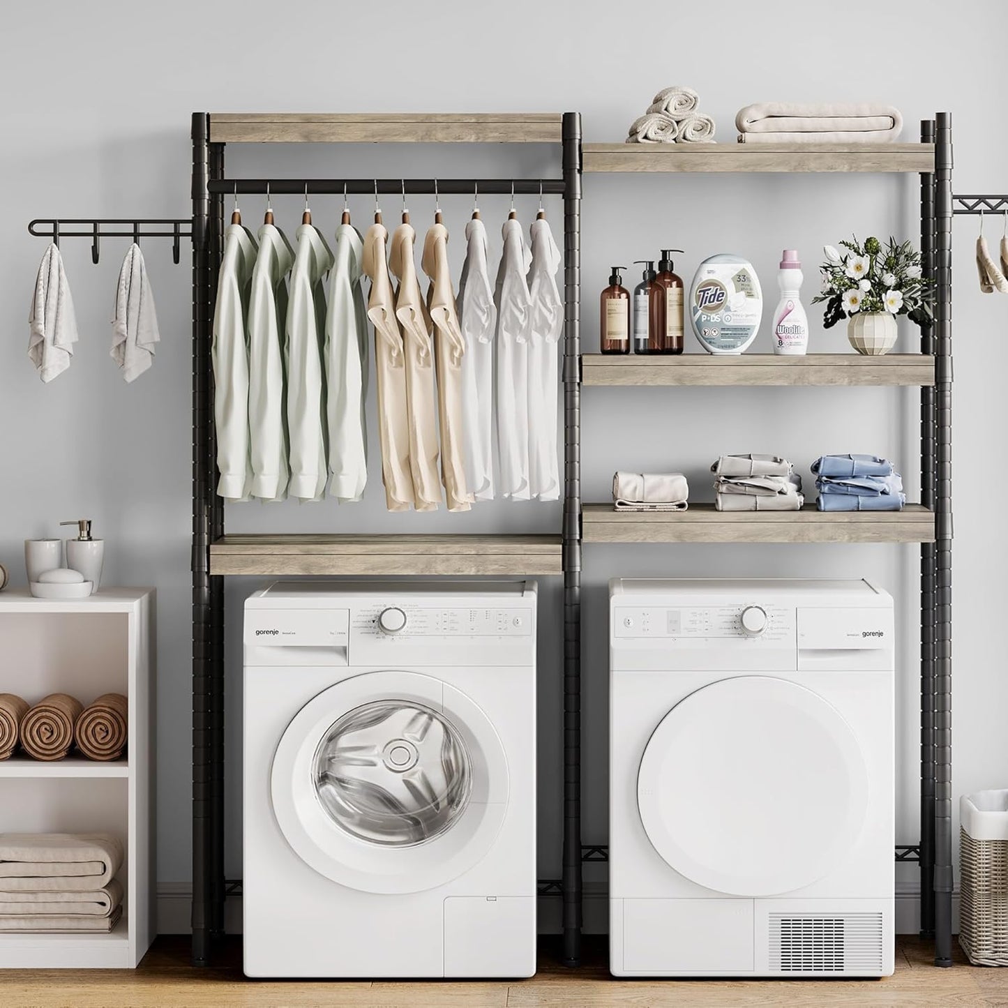 CABIHOME Heavy-Duty Laundry Shelf with Drying Racks | Space-Saving Adjustable Over-Washer Storage Organizer | 4-Tier Bathroom & Laundry Room Shelving Unit (Engineered Wood, 28")
