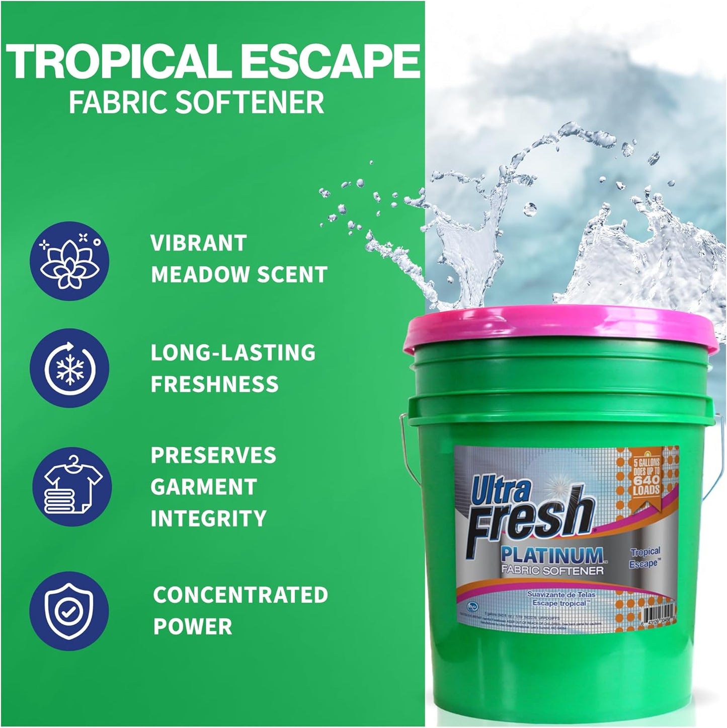 Ultra Fresh 5 Gallon Platinum Fabric Softener for All Machine Types, Liquid Laundry Softener, Up to 640 Loads, Tropical Escape