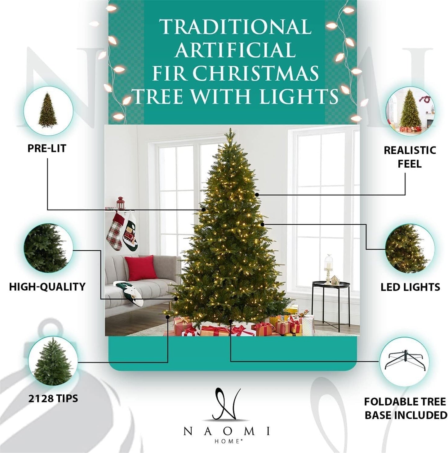 Traditional Artificial Fir Christmas Tree with Lights by Naomi Home Green/9 Ft/Included