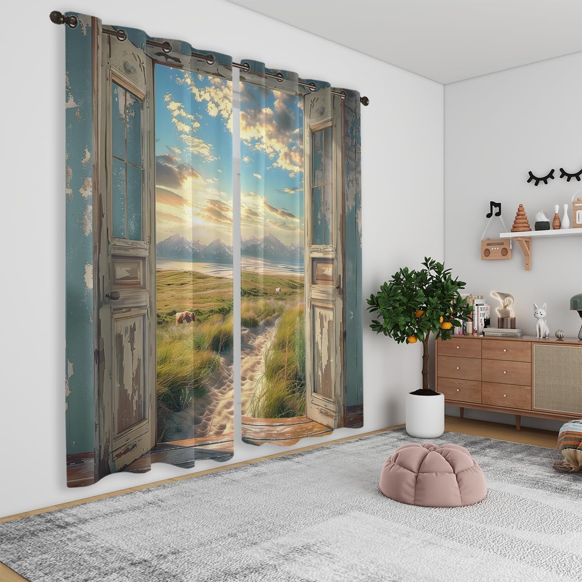 Landscape Blackout Curtains for Girls Boys Home Decor, Cow Sunset Grassland Mountain Natural Scenery Grommet Thermal Insulated Drapes Darkening Window Curtain for Bedroom Living Room, 42 x 63 Inch