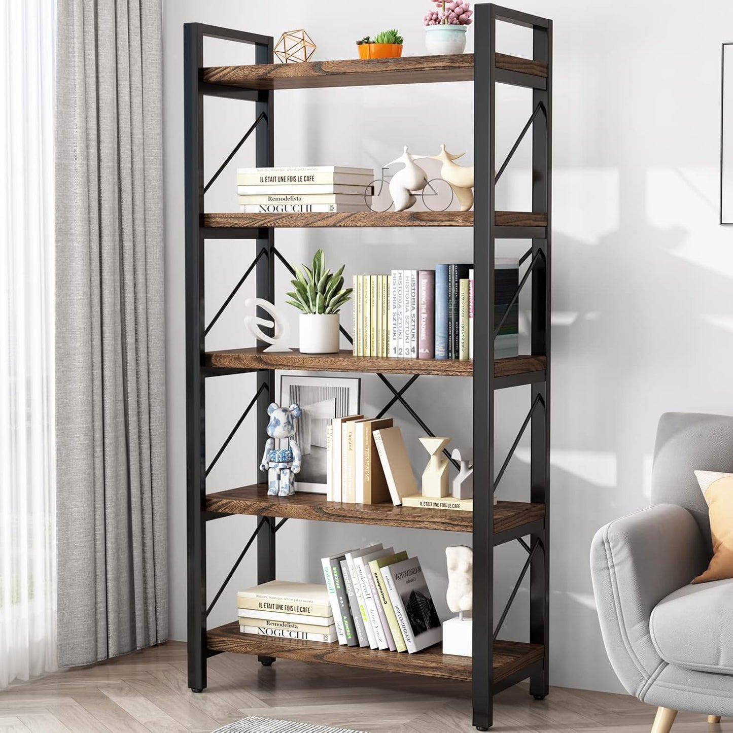 5 Tier Bookshelf Rustic Solid Wood Industrial Style Bookcase,Metal and Real Wood Vintage Bookshelf,Book Shelves Home Office, Retro Brown,Dark Matching credenza(LZ01-05tier) (5Tiers)