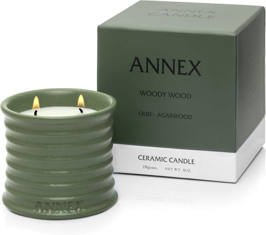 Scented Luxury Candles in Handmade Ceramic Jars, Soy Wax | Woody Wood – Oud & Agarwood, Large Candle | Non Toxic, 2 Wicks, Reusable Big Olive Green Jar | Natural Spring Aromatherapy for Women & Men