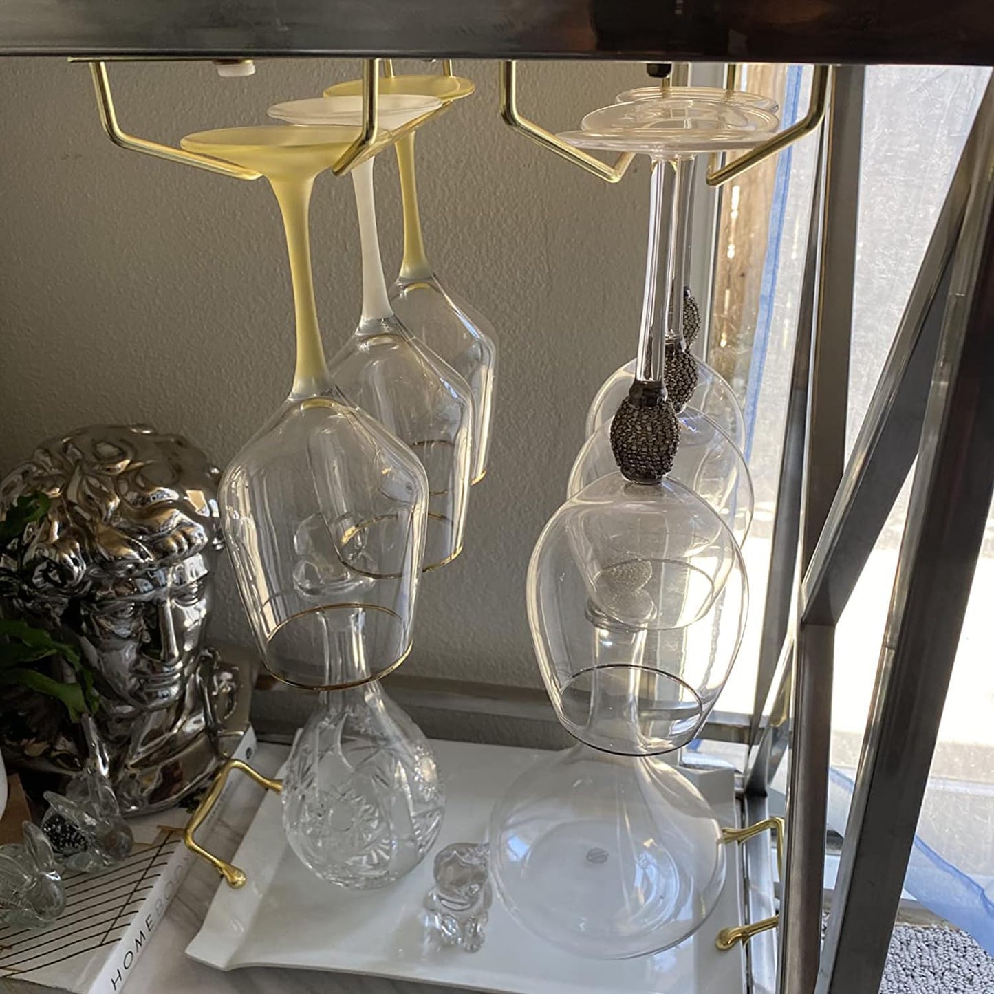 10.8 Inch Gold Wine Glass Rack, Under Cabinet Wine Glass Holder, Wine Glass Hangers Under Shelf, Stemware Rack, Hanging Stemware Holder for Cabinet Kitchen Bar, Set of 4