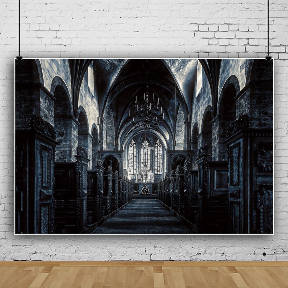 ChloropLastid 15x10ft Scary Church Halloween Backdrop Dark Black Horror Gothic Medieval Castle Interior Photography Background Halloween Night Carnival Theme Party Decor Banner Photo Studio Props