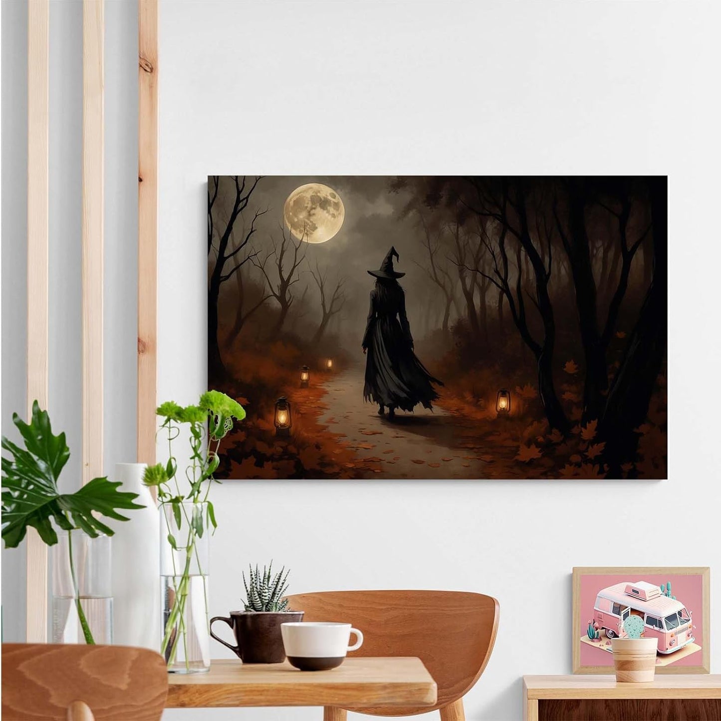 Moonlight witch poster dim lantern Halloween decoration Gothic style dark retro college style canvas wall art suitable for living room bedroom24x36in Wood Framed