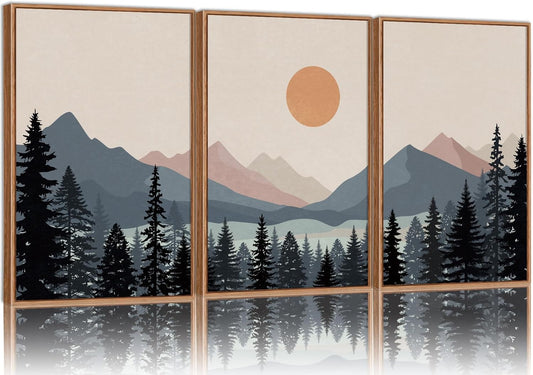 Tinonedraw Boho Mountain Framed Canvas Wall Art Set of 3, Watercolor Nature Landscape Art Prints, Modern Sunrise Art Paintings, Black Pines Tree Forest Wall Decor for Living Room Bedroom Office 16"x24"x3