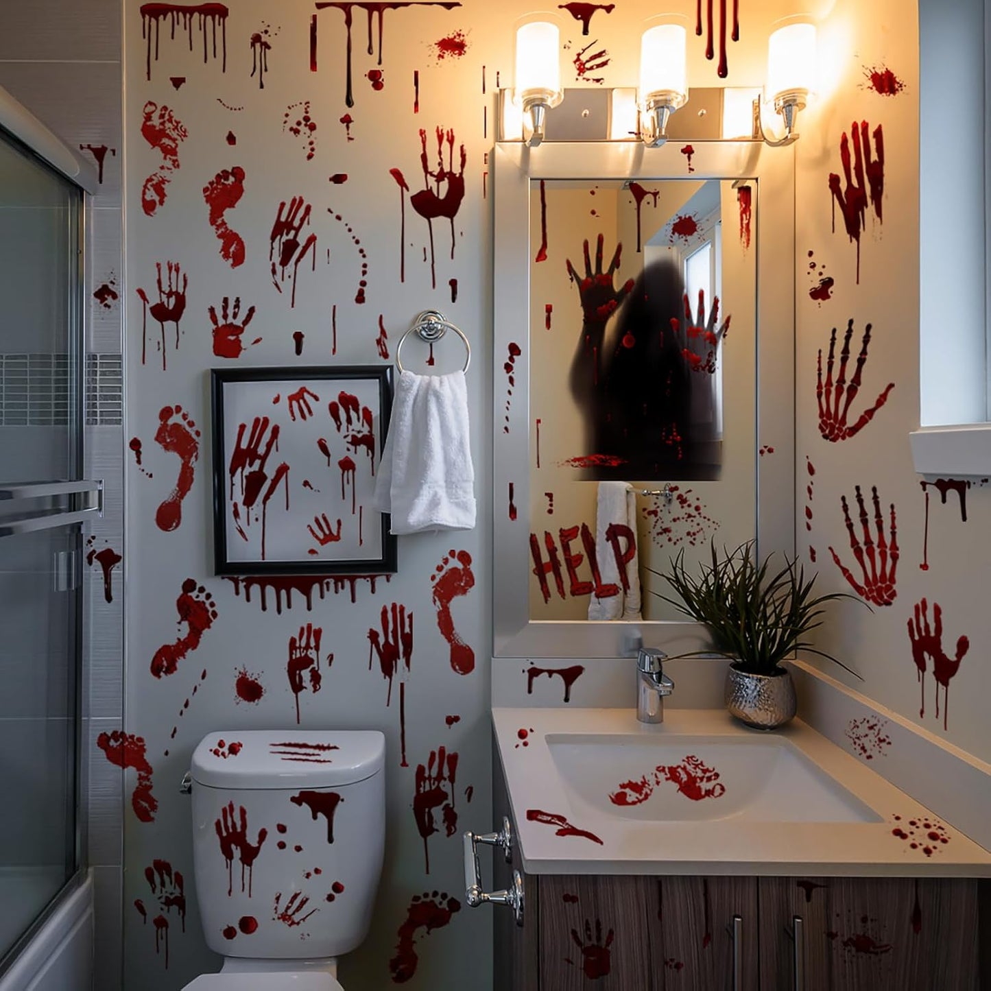 Halloween Bloody Handprint Footprint Window Stickers Wall Stickers for Halloween Party Decorations Inside Outside Decor Come with Plastic Scraper Tools