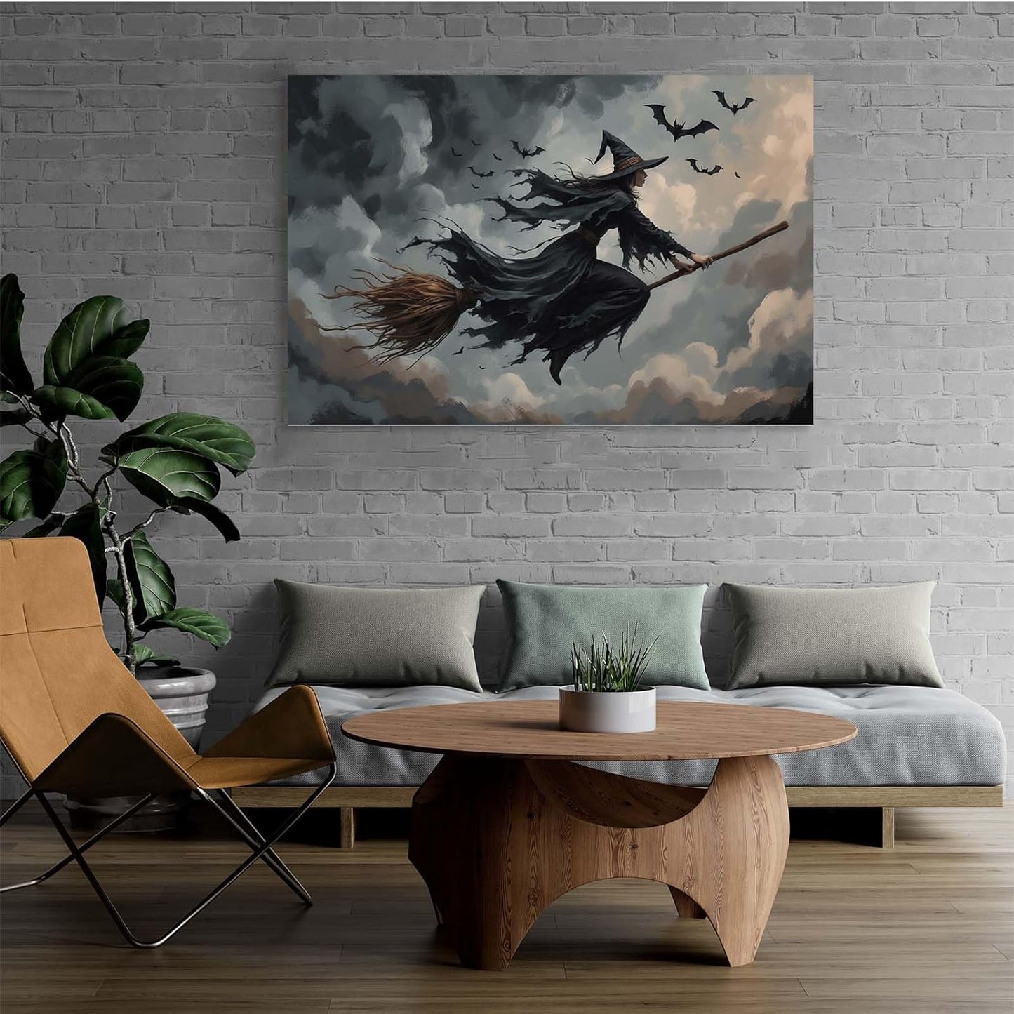 JFHCQJPK Witch and bat flying Halloween poster suitable for home party wall decoration retro Halloween preppy style wall art canvas print suitable for room decoration16x24in Frameless