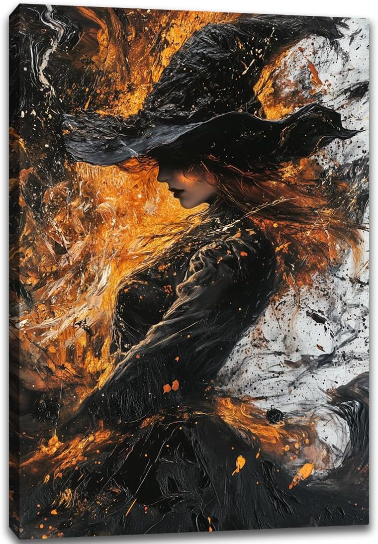 Witch Canvas Poster Print, Dark Academic Picture Wall Decor, Modern Fashion Aesthetic Abstract Witchcraft Halloween Wall Art For Bedroom Living Room Hallway Decoration,8"x12" Framed