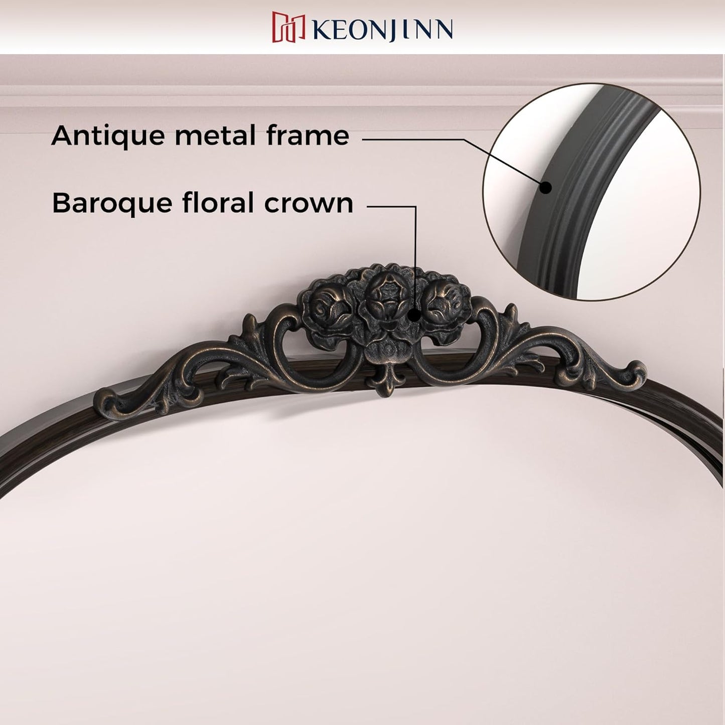 Keonjinn Arched Wall Mirror, 48" x 22" Vintage Mirror Full Length, Black Traditional Decoration Baroque Style, Ornate Mirrors for Hallway, Fireplace, French Cleat Mounting