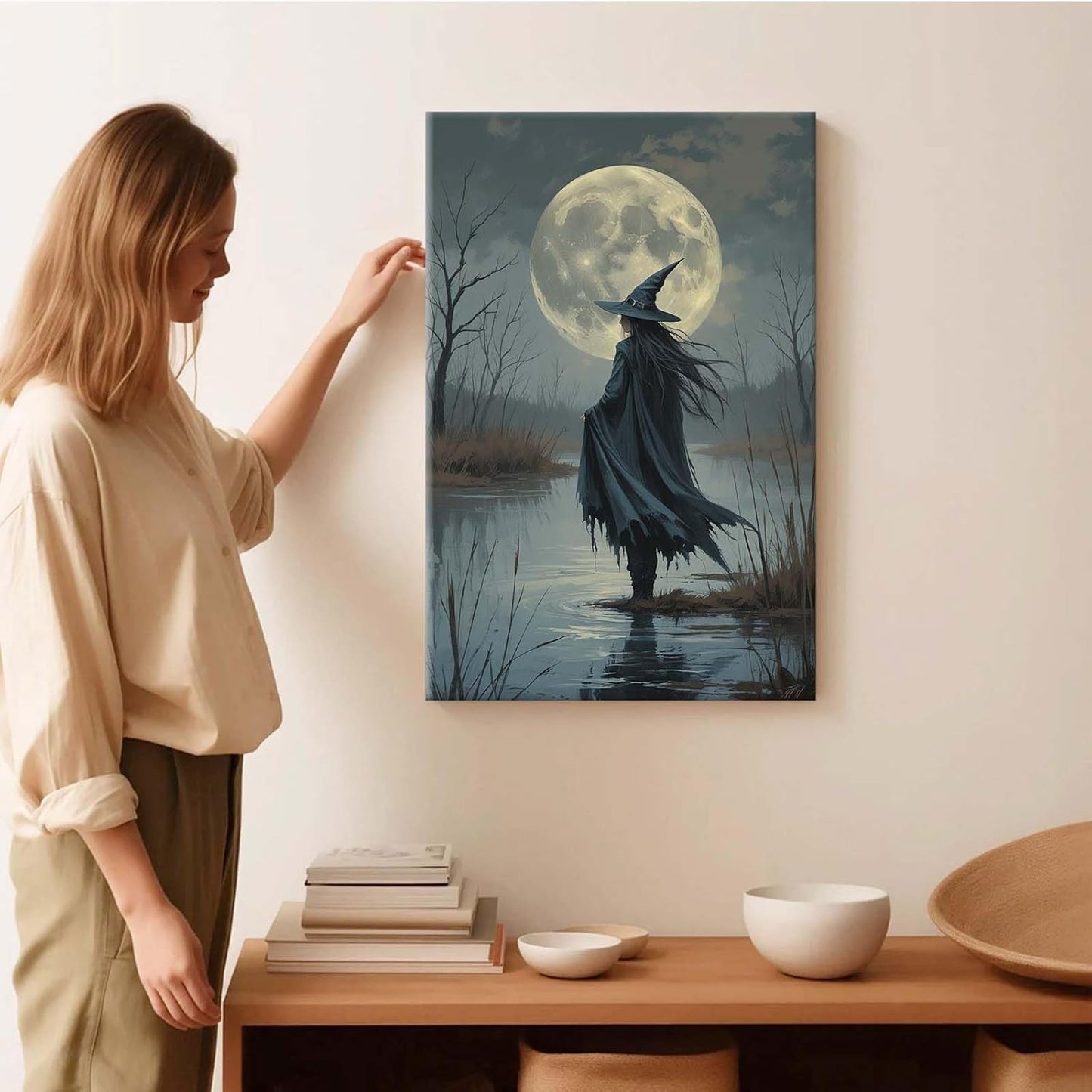 Witch in the moonlight magic canvas wall art enchanting Halloween home decor swamp witch silhouette oil painting mysterious gothic aesthetic wall decor print poster8x12in Wood Framed