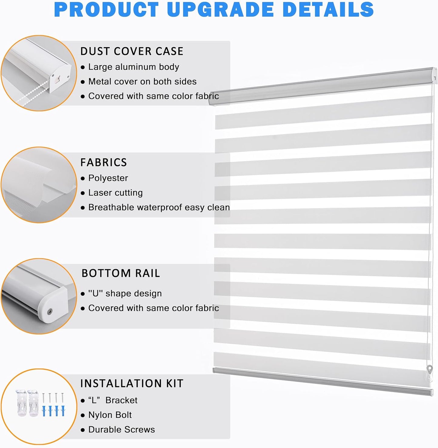Zebra Blinds for Windows Dual Layer Light Filtering Privacy Free-Stop Sheer Shades Light Control for Indoor Windows Zebra Shades for Living Room(62" W X 72" H, White)