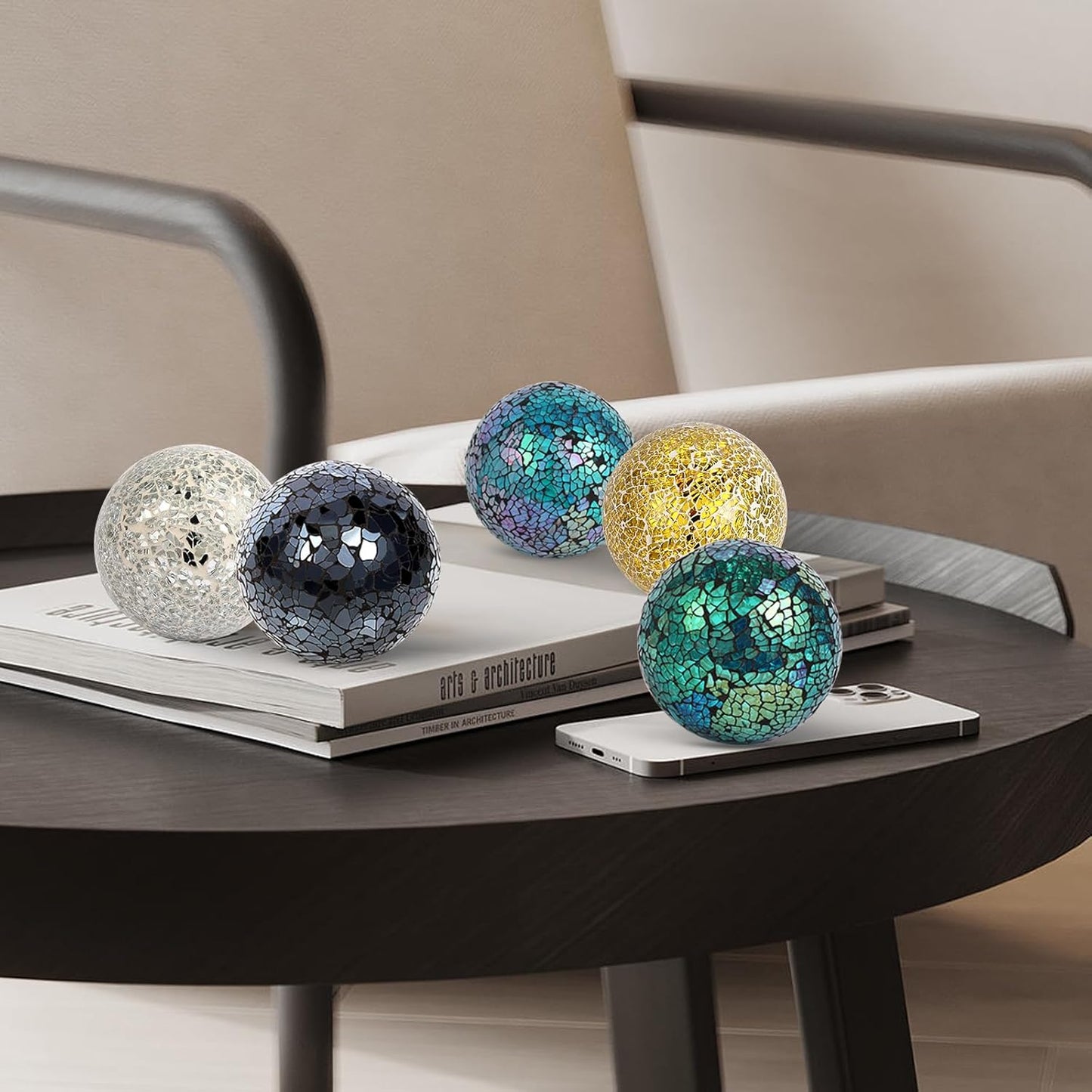 6Pcs Decorative Ball for Bowls, 8cm/3.15inch Mosaic Glass Centerpiece Decoration Balls Mirror Glass Ball Fillers for Home Decor Dining Tables Wedding Party (Golden)
