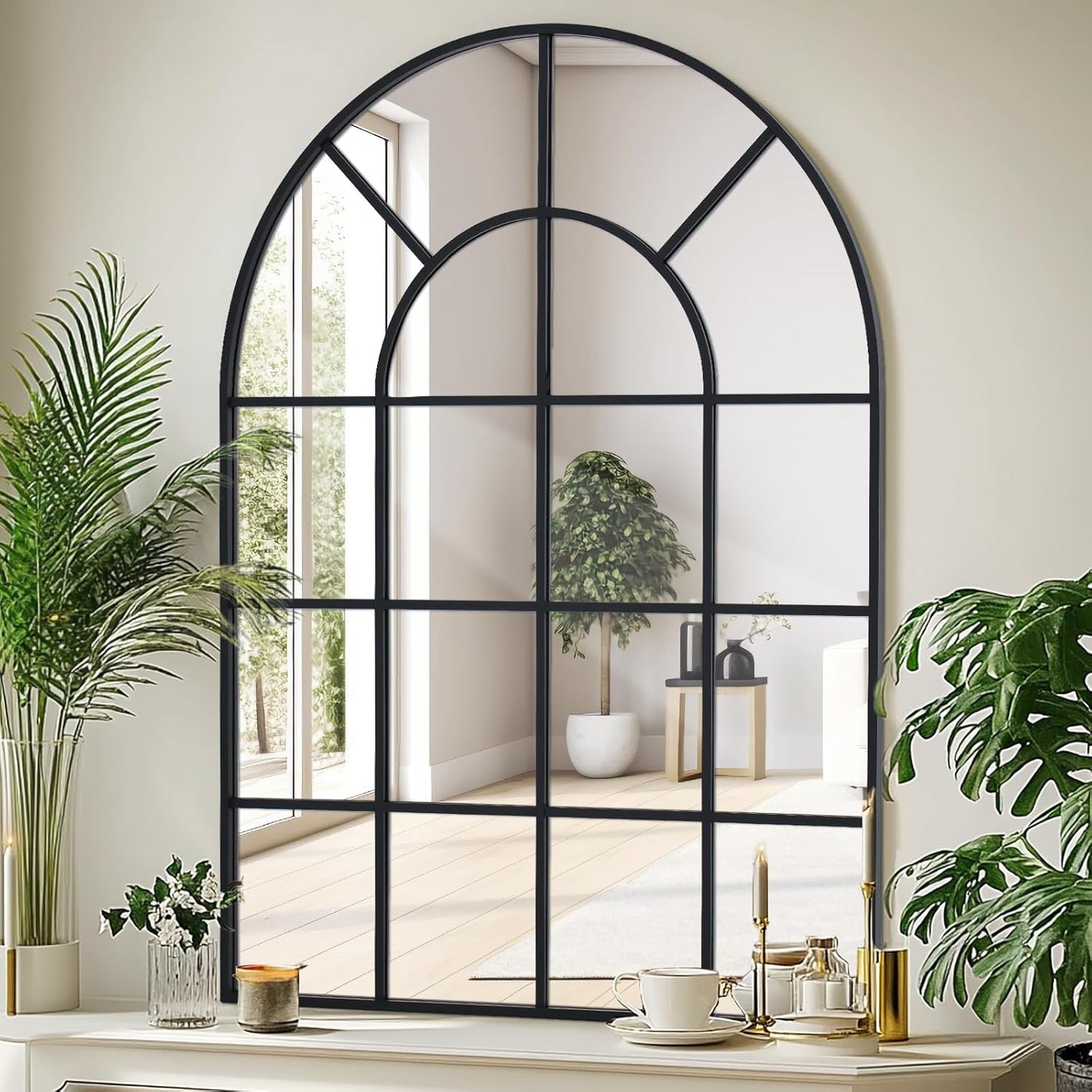 Arched Windowpane Wall Mirror 30"x48" Black Wall Mounted Art Pane Mirror Farmhouse Decorative Mirror Leaning Hanging Wall Mirror for Bedroom Living Room Entrance Hallway Wall Decor