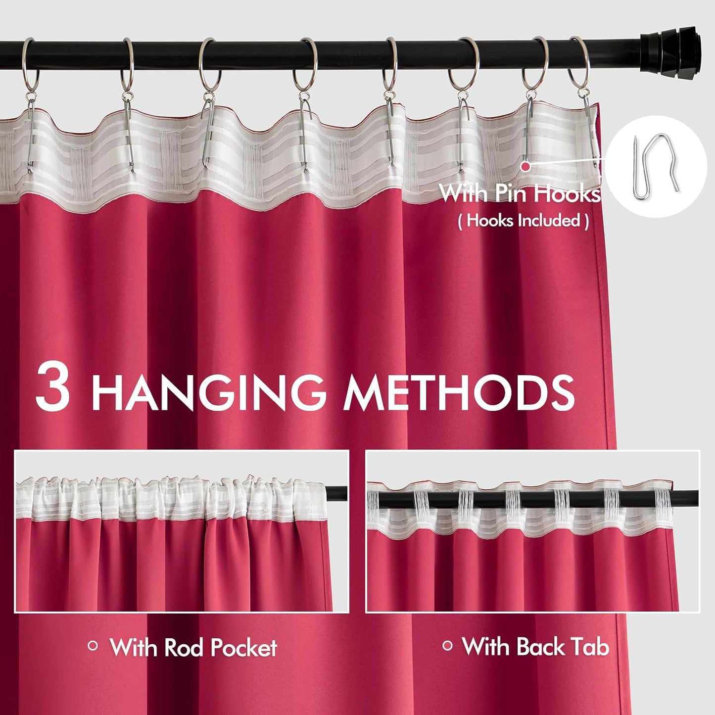 MIULEE Hot Pink Back Tab Blackout Curtain 96 Inch Long 2 Panels Set for Bedroom, Rod Pocket/Pinch Pleat Thermal Insulated Living Room Darkening Pleated Light Blocking Floor to Ceiling Drape