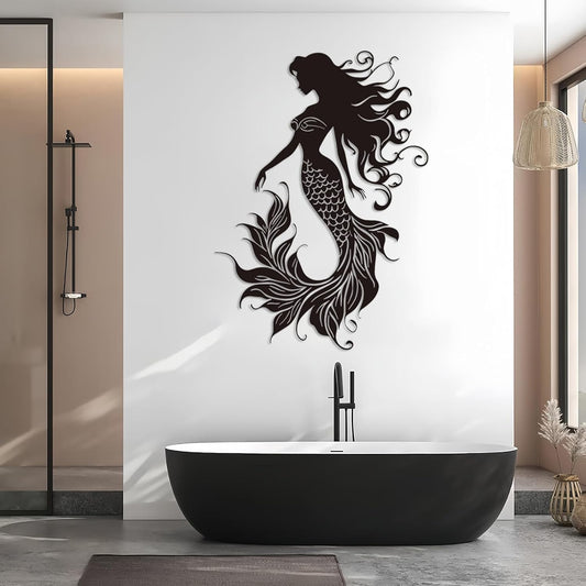 Veplsur Mermaid Metal Wall Art, Metal Mermaid Wall Decor, Marine Biology Wall Decor, Ocean Wall Art, Nautical Wall Hanging, Beach Hanging for Bathroom Bedroom (Black, 48"x34"|121x86cm)
