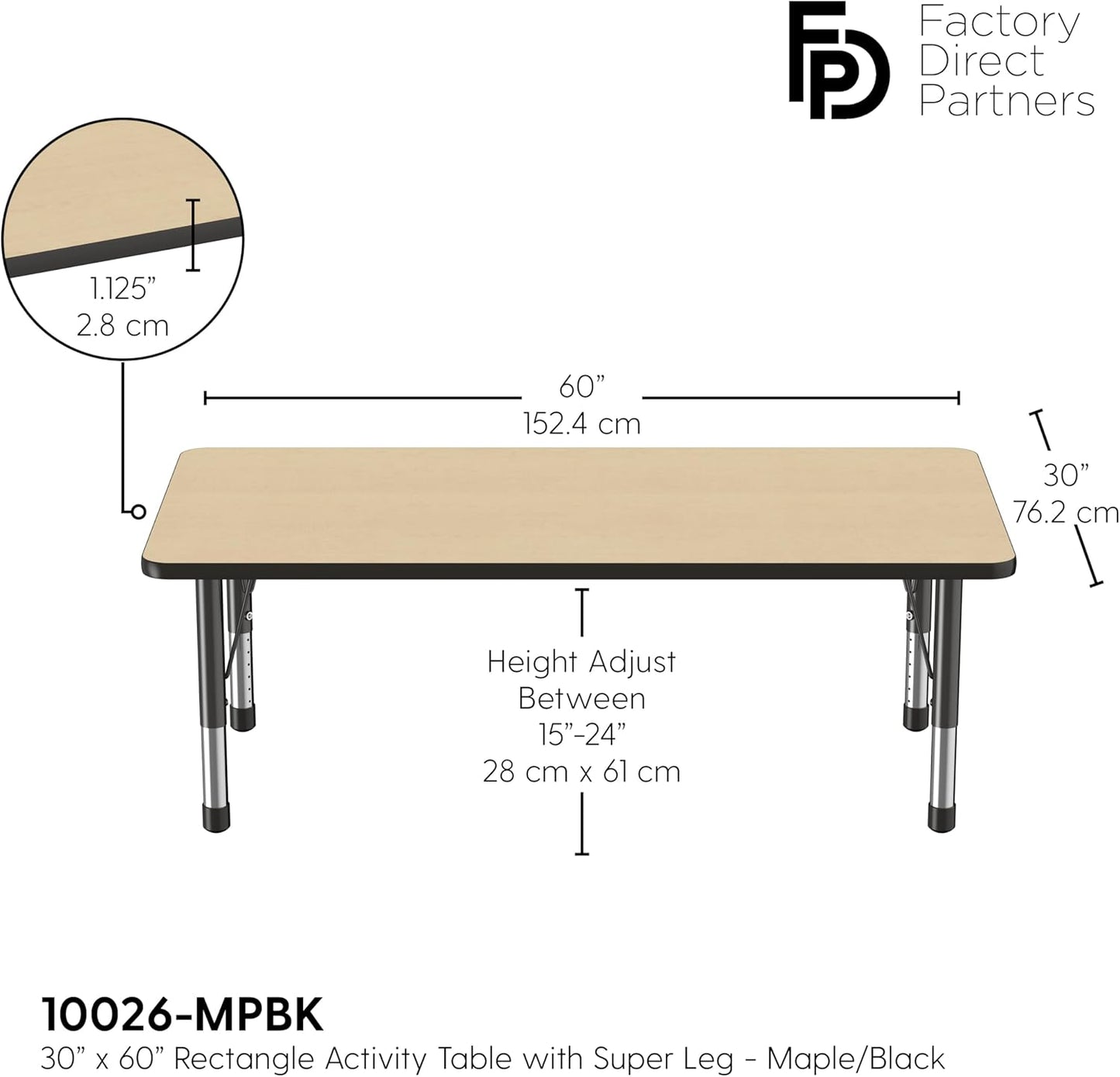 FDP Rectangle Activity School and Classroom Kids Table (30 x 60 inch), Toddler Legs, Adjustable Height 15-24 inches - Maple Top and Black Edge