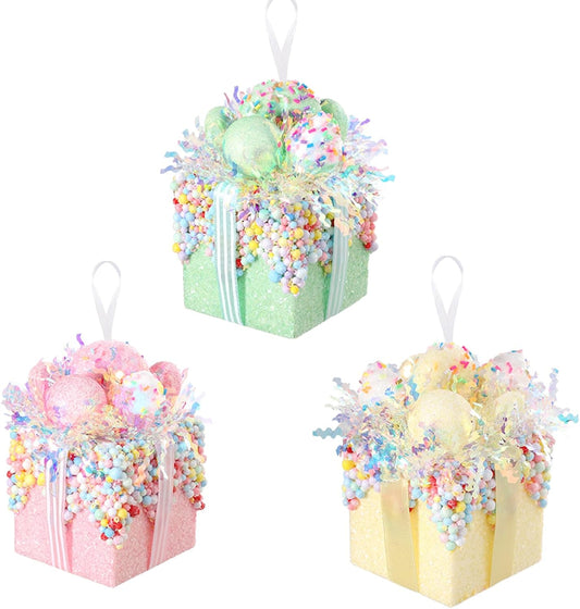 Christmas tree gift box ornament set,3 Pieces Macaron Color Candy Gift Hanging Ornaments for Christmas, New Year, Easter, Birthday (PINK GREEN YELLOW)