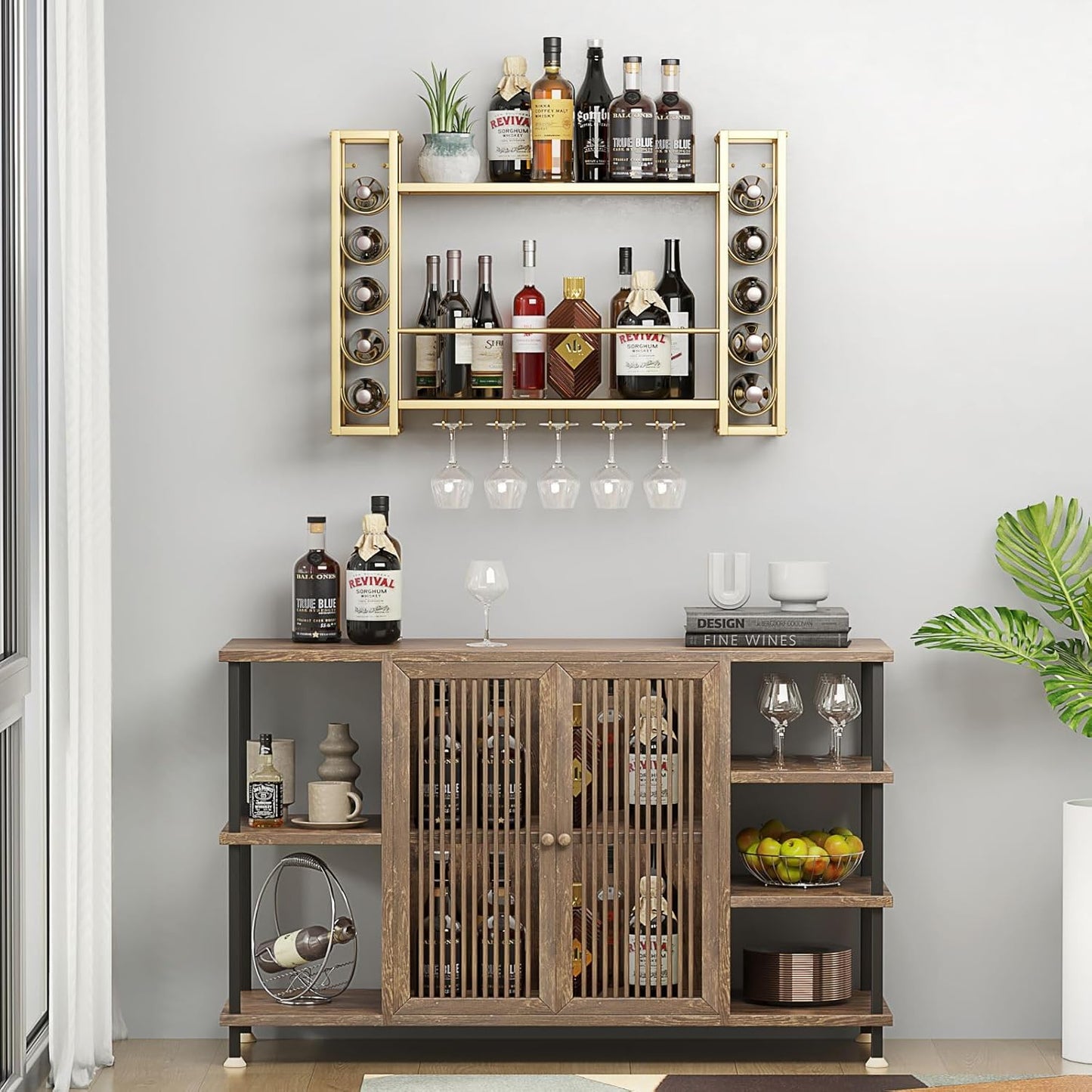Wall Mounted Wine Rack, Hanging Floating Bar Liquor Shelves with Glass Holder, Metal Bottle Holder Wine Storage Display Shelf for Home Bar, Gold