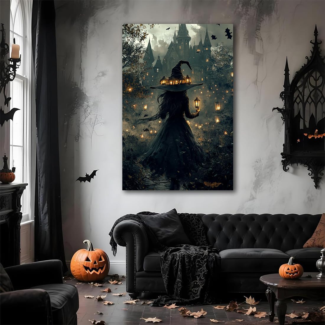Halloween Witch and Haunted House Canvas Wall Art,Dark Academia Scary Witch Castle Posters Prints,Thriller Horror Gothic Wall Decor Pictures for Halloween Party House Decoration,8"x12" Framed