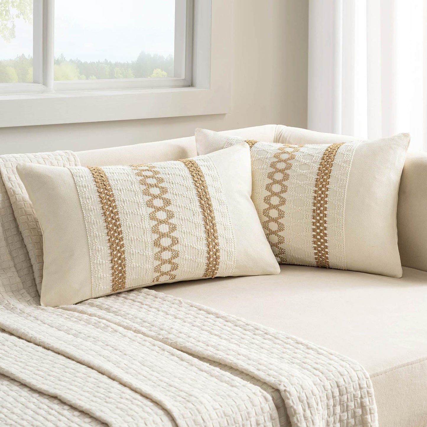 MIULEE Set of 2 Neutral Boho Decorative Lumbar Pillow Covers 12x20 Inch Farmhouse Rustic Couch Throw Pillows Modern Cotton Cushion Covers Retro Cute Macrame Woven Home Decor for Bed Sofa Chair